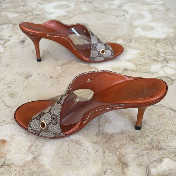 Gucci Vintage Beige/Brown GG Canvas, Leather & PVC Criss Cross Heeled Sandals - Picture 5 of 12